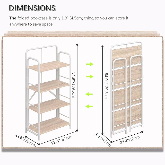 4NM No Assembly Folding Bookshelf, 4 Tiers Collapsible Book Shelves Open Industrial Foldable Storage Bookcase Shelf for Bedroom, Living Room, Home Office - Natural and White