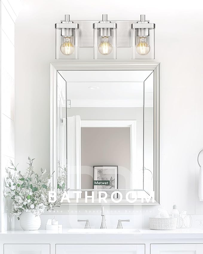 Bathroom Light Fixtures, 3-Light Vanity Light with Square Clear Glass Shade, Brushed Nickel Modern Wall Sconces, Vanity Lighting Fixtures Over Mirror, VL194-BN-3
