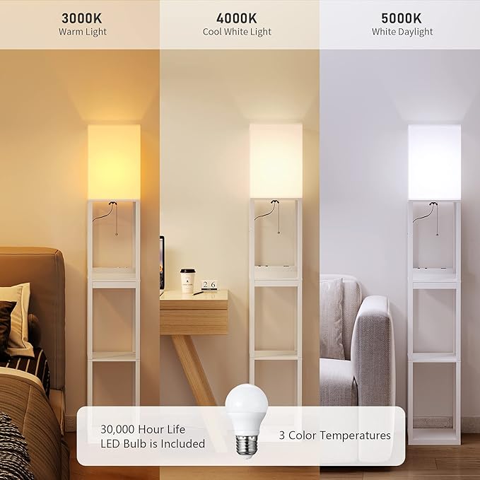 SUNMORY Dimmable Floor Lamp with Shelves,Modern Solid Wood Standing Lamp with 1 Drawer and 2 USB Ports & 2 Power Outlet,Corner Tall Bookshelf Lamp for Living Room and Bedroom(White)