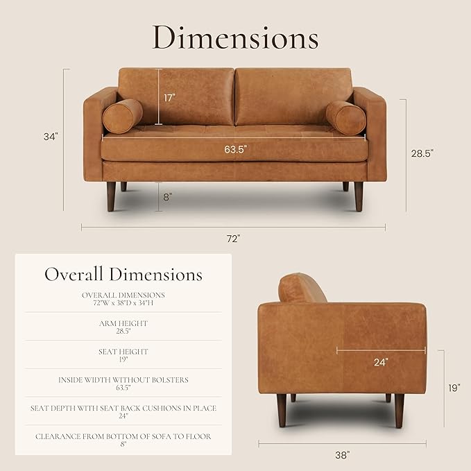 POLY & BARK Napa 72" Leather Sofa – Full-Grain Italian-Tanned Aniline Leather, Feather-Down Comfort, Solid Wood Frame, Walnut Legs, Cognac Tan