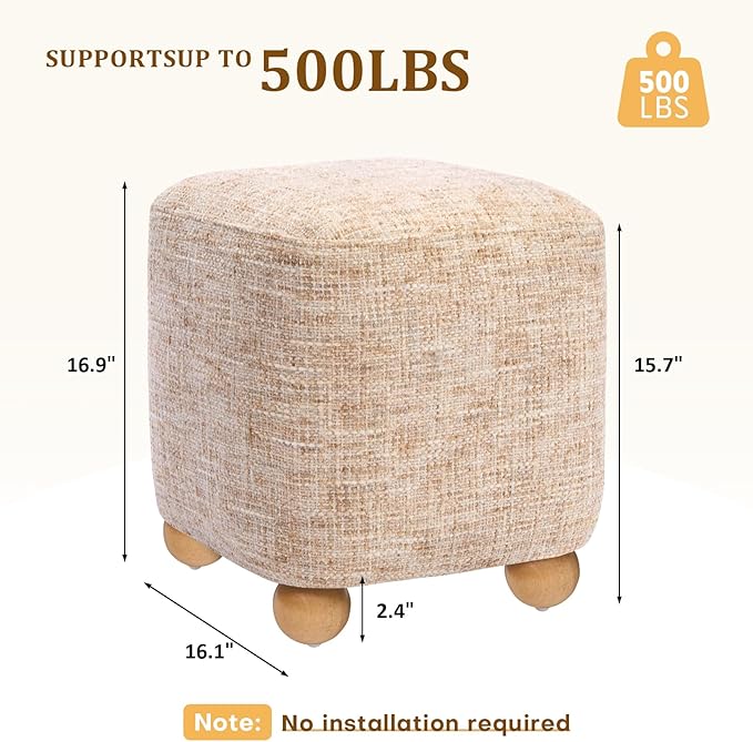 Cube Pouf Ottoman with Wooden Leg,Chenille Fabric Vanity Stool-Upholstered Floor Chair,Square Footstool Pouf with Acacia Wood Frame(500Lbs),Small Coffee Table Ottoman for Living Room