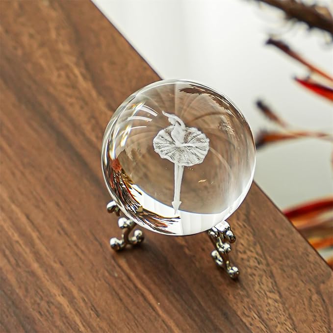 HDCRYSTALGIFTS 3D Laser Engraved Ballerina Dancing Crystal Ball Paperweight Elegant Ballet Dancer Girl Figurine Glass Sphere Home Art Decor (60mm,2.4inch)