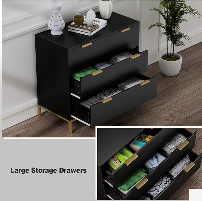 Anmytek Black Dresser for Bedroom, 3 Drawer Dresser with Spacious Storage Modern Wood Chest of Drawers for Bedroom Living Room Chest of Drawers for Hallway H0073