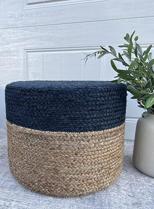 S & L Homes Pouf Ottoman - 100% Jute Braided Footrest Pouf Hand Knitted Traditional Cord Boho Pouffe for Living Room, Bedroom, Nursery, Patio, Lounge Colorblock - Natural Navy (20”x20”x10”)