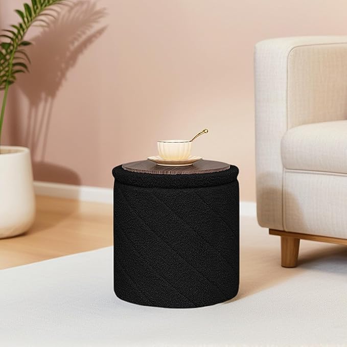 13" Foldable Boucle Round Storage Ottoman,Space-Saving Footrest/Seating/Coffee Table for Small Apartments,Dorms & Bedrooms-Black