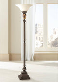 Kathy Ireland Mulholland Rustic Vintage Torchiere Floor Lamp Standing 72" Tall Bronze Tortoise Shell Font Frosted Glass Shade Decor for Living Room Reading House Bedroom Home Office