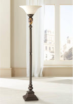 Kathy Ireland Mulholland Rustic Vintage Torchiere Floor Lamp Standing 72" Tall Bronze Tortoise Shell Font Frosted Glass Shade Decor for Living Room Reading House Bedroom Home Office