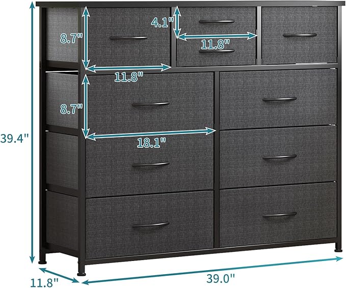 LUMTOK 10-Drawer Dresser, Fabric Storage Dressers for Bedroom, Hallway, Nursery, Closets, Steel Frame, Wood Top, Easy Pull Handle (Grey)