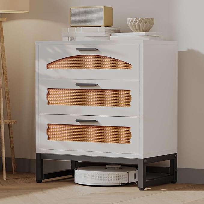 Mericonia 3 Drawer Rattan Dresser for Bedroom, Wood Dresser for Closet with Metal Handles, Small Boho Nightstand Sets, Dressers & Chests of Drawers for Bedroom, Hallway and Entryway, White