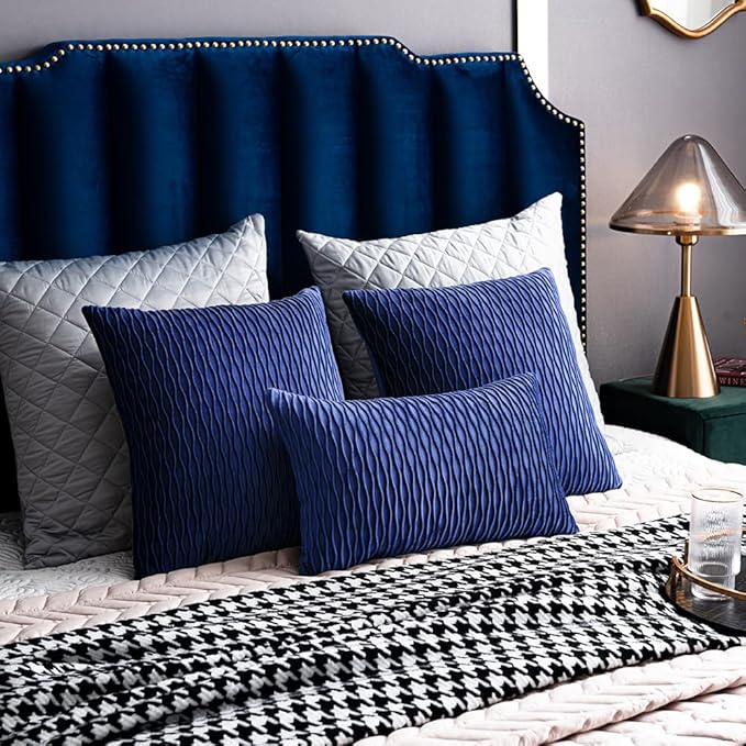 12x20 Blue Throw Pillow Covers: 2 Pack Original Striped Velvet Rectangular Decorative Pillow Cases for Farmhouse Couch