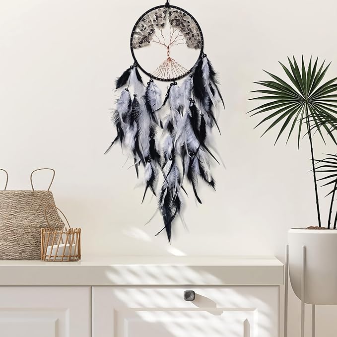 Black and White Dream Catcher Wall Decor Crystal Tree of Life Dream Catchers Handmade Feather Dreamcatcher Wall Hanging Ornament for Bedroom Living Room Home Decor