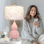 Pink Double Gourd Ceramic Lamps Set of 2 with Flower Lampshade, Modern Table Lamps for Living Room, Contemporary Nightstand Bedside Lamp for Bedrooms End Tables Office Dorm Decor(2 LED Bulbs Included)