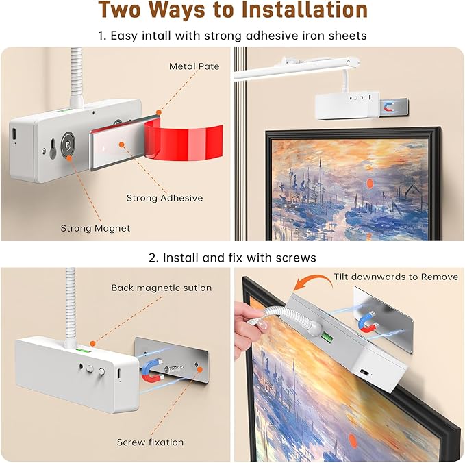 Picture Light, 15.35inch Wireless Picture Lights for Wall Rechargeable, Battery Lights for Pictures on Wall, 3 Color Art Lighting for Paintings with Timer and Dimmable Artwork Display (White-2PCS)