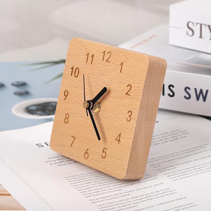 Wooden Desk Clock, 4 inch Small Analog Clock Desktop Decoration, Modern Desk and Shelf Clock, Silent Non-Ticking Battery Operated Table Clock, Mantel Clock for Office, Living Room, Bedroom