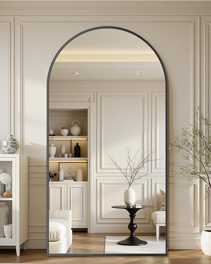Full-Length Floor Mirror with Stand, 82"x44" Arched Style Full Body Standing Mirror for Bedroom, Living Room, Gym, Dorm - Shatter-Resistant & Easy Assembly, Black