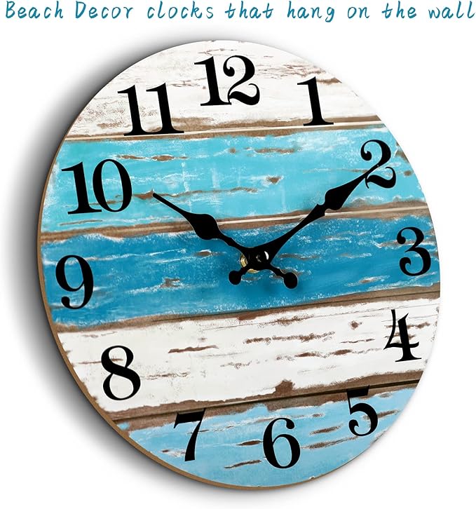 CHYLIN Wall Clock, Beach Themed Blue Wall Clocks Battery Operated Silent Non-Ticking, 8 Inch Vintage Rustic Coastal Nautical Clock Decorative for Kitchen Office Bathroom Bedroom 8