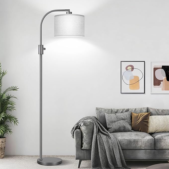 【Upgraded】 Dimmable Gray Floor Lamp, 1203 Lumens LED Bulb Included, Arc Floor Lamps for Living Room Modern Standing Lamp with Gray Linen Shade, Tall Lamp for Living Room Bedroom Office Reading Room