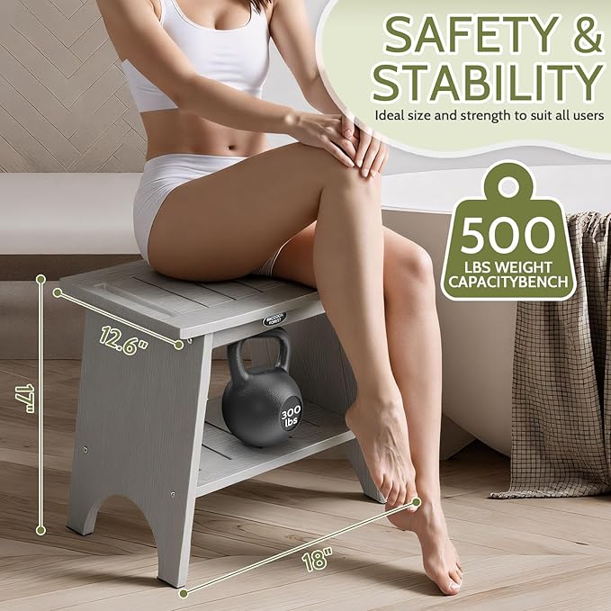 Shower Benches for Inside Shower, Shower Stool for Shaving Legs, 500lbs Shower Chair with Space-Efficient Storage Shelf, Waterproof Shower Seat for Spa Bathroom, Indoor or Outdoor 18”x17”