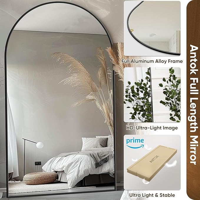 Antok Full Length Mirror, 72"x44" Floor Mirror, Arched Floor Standing Freestanding Arch Full Body Mirrors with Stand for Bedroom, Hanging Mounted for Living Room Cloakroom,Black