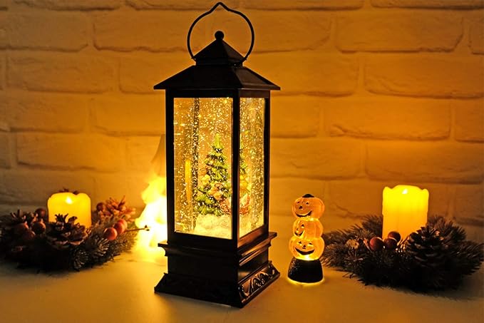 Eldnacele 12" Christmas Musical Snow Globe Lantern USB Lined Batteries Operated Water Glittering Lighted Lantern Santa Claus with 6H Timer Centerpiece (Santa Sleigh)