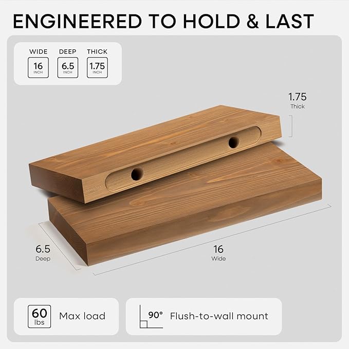 Homeforia 16 inch Golden Oak Floating Shelf, High End Solid Real Wood 16inch Small Floating Shelves for Wall Mounted, Oak Wooden 16in Floating Shelves, Heavy Duty Bracket, 16 X 6.5 X 1.75 in, Set of 3