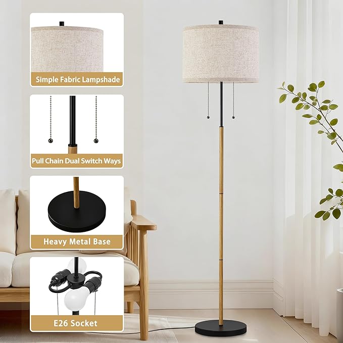 Luvkczc Floor Lamp, 60" Standing Lamp Tall Lamp with Fabric Lampshade&Pull Chain Corner Floor Lamps for Living Room, Bedroom,Office Corner (Wood Grain 2 Bulb Socket)