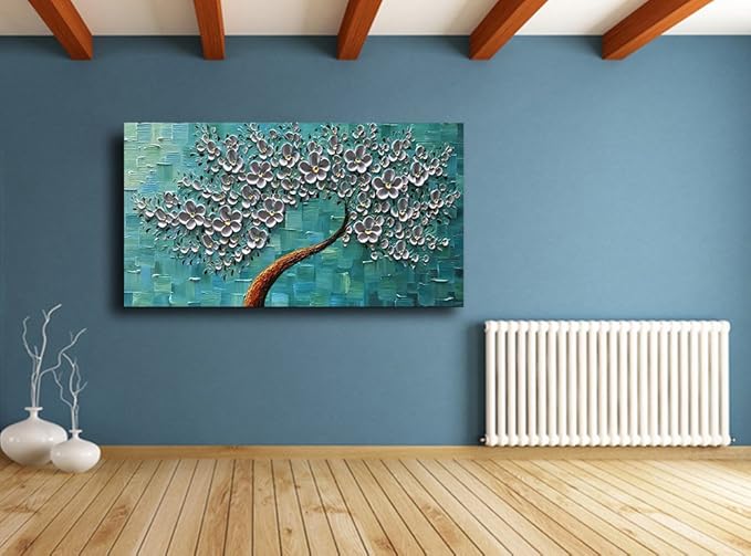 YaSheng Art - 100% hand painted Flower Art Oil Painting On Canvas Texture Silver Flowers Tree Paintings Modern Home Bedroom, Dining Room, Decor Wall Art 3D Abstract Artwork Paintings 20x40inch