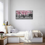 iKNOW FOTO 20x40 Cherry Blossom Trees in Black & White with Pink NYC Park Picture Stretched Canvas Art with Black Floater Frame Nature Landscape Wall Decor Ready to Hang