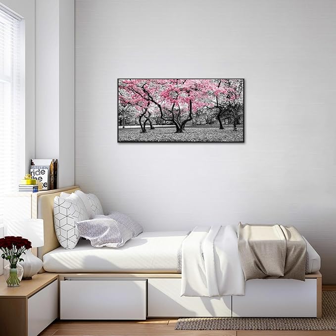 iKNOW FOTO 20x40 Cherry Blossom Trees in Black & White with Pink NYC Park Picture Stretched Canvas Art with Black Floater Frame Nature Landscape Wall Decor Ready to Hang