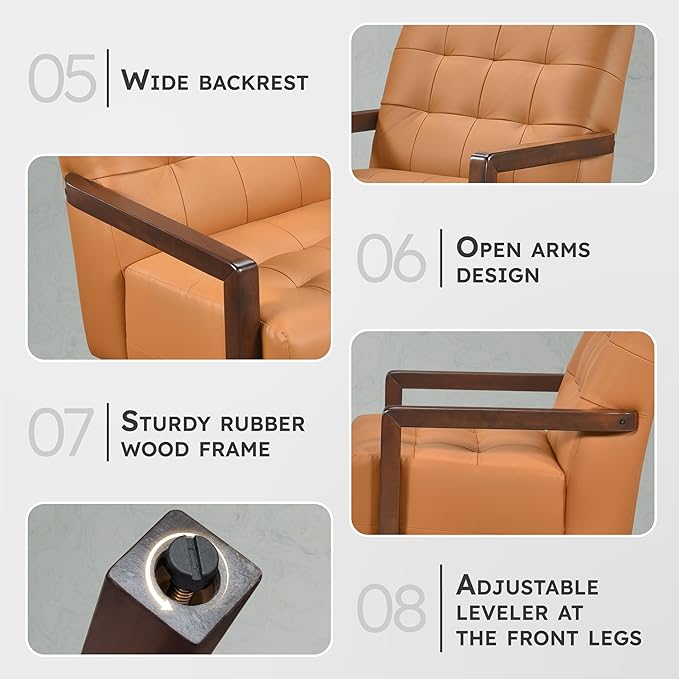 Lexicon Modern Accent Chair, Luxury Genuine Leather Match Living Room Chair with Tufted Cushions, Solid Wood Frame and Arm Rest, Comfy Upholstered Single Seat for Bedroom/Reading/Office, Orange