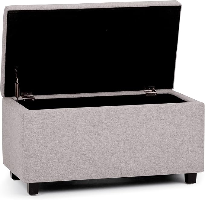 SIMPLIHOME Cosmopolitan Storage Ottoman - 34 inch Wide Upholstered Linen Look Fabric Rectangle Storage Ottoman Bench in Cloud Grey, Transitional Tufted Ottoman for Living Room with Lift-Up Lid