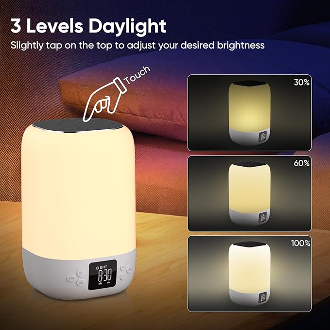 Night Light Bluetooth Speaker Alarm Clock, Sound Machine with White Noise, Touch Bedside Lamp for Bedroom, Dimmable Warm Light, 8 RGB Color Changing, Ideal Gift for 10-15 Year Old Teenage Boys Girls