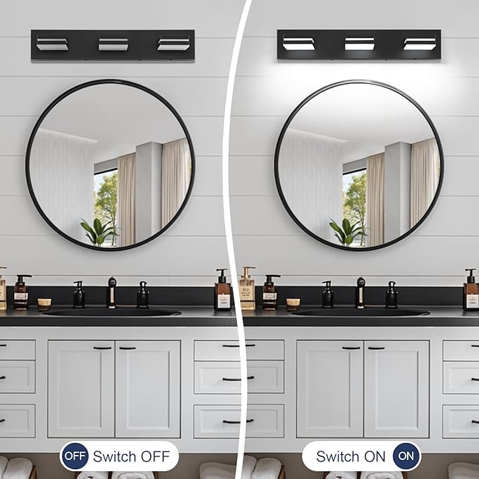 Bathroom Vanity Lighting Fixtures Over Mirror (3-Light, 24-Inch) Modern LED Bathroom Wall Lighting Fixtures, Matte Black (Cool White 6000K)