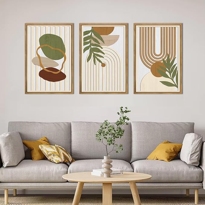 DRACIT Large Sage Green Boho Wall Art Set Abstract Modern Geometric Wood Wall Decor Mid Century Neutral Artwork Bohemian Art Decor for Living Room Bedroom Office-16x24Inch x3