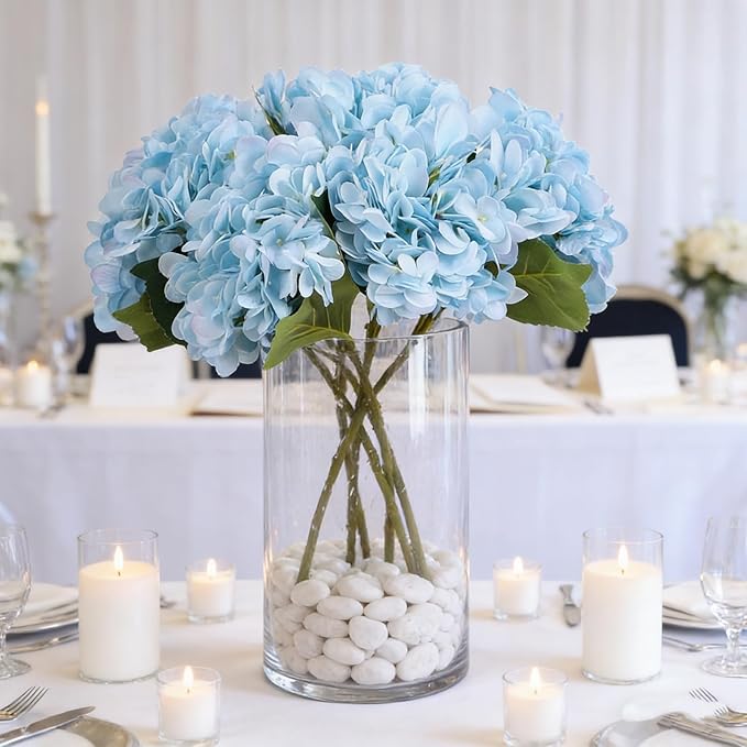 Kimura's Cabin 6pcs Blue Artificial Silk Flowers Fake Hydrangeas Flower with Stems Faux Hydrangea Bouquets for Home Wedding Party Table Core Decoration (Blue, Pack of 6)