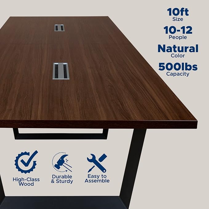 Sturdy Conference Table with Cable Management Grommets Modern Rectangle Office Meeting Table with Wood Tabletop and Metal Frame & Legs- Easy Assembly Boardroom Table (Dark Brown, 10 Foot)