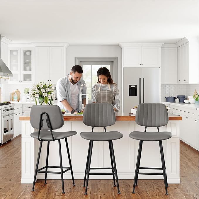 24-Inch Leather Bar Stools Set of 3, Counter Height Barstools with High Backrest，Bar Chairs for Kitchen Island with Heavy Duty Metal Base, Gray