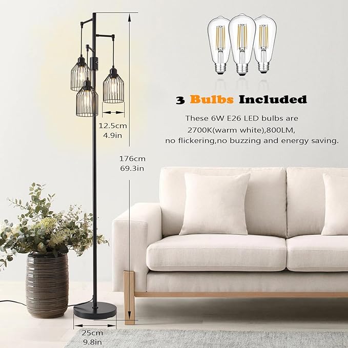 Dimmable Floor Lamp for Living Room, Farmhouse Floor Lamps with Elegant Hanging Cage, 3 x LED Edison Bulbs Included, 68.5" Industrial Standing Light for Bedroom Office Home Decor (Black)