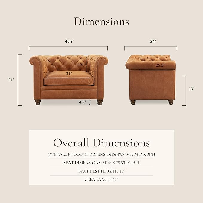 Poly & BARK Lyon Leather Lounge Chairs 49" - Set of 2 - Cognac Tan Full-Grain Leather – Modern Upholstered Accent Chairs for Living Room or Bedroom – Indoor Lounge Seating with Lasting Comfort