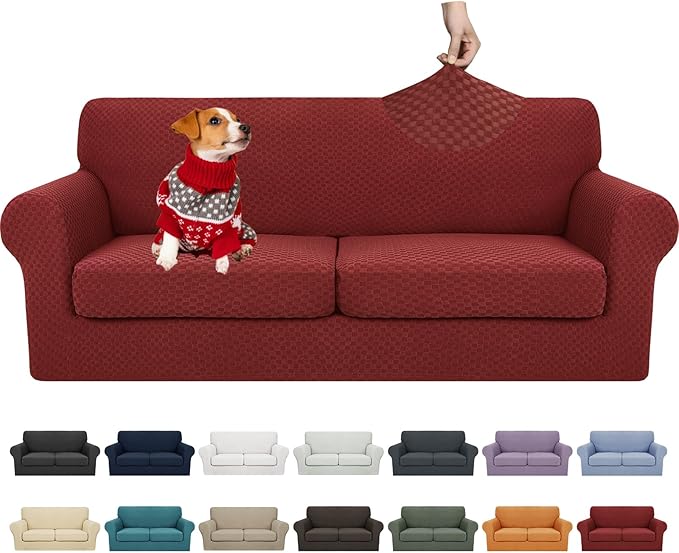 YEMYHOM Latest Checkered 3 Pieces Couch Covers for 2 Cushion Couch High Stretch Sofa Cover with 2 Extra Large Seat Cushion Covers Anti Slip Elastic Slipcovers (Christmas Wine Red), 71"-91"(2 CUSHIONS)