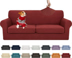YEMYHOM Latest Checkered 3 Pieces Couch Covers for 2 Cushion Couch High Stretch Sofa Cover with 2 Extra Large Seat Cushion Covers Anti Slip Elastic Slipcovers (Christmas Wine Red), 71"-91"(2 CUSHIONS)