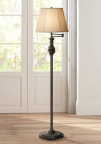 Regency Hill Traditional Adjustable Swing Arm Floor Lamp 58" Tall Painted Restoration Black Bronze Swirl Font Faux Silk Beige Drum Shade for Living Room Reading House Bedroom Family Home