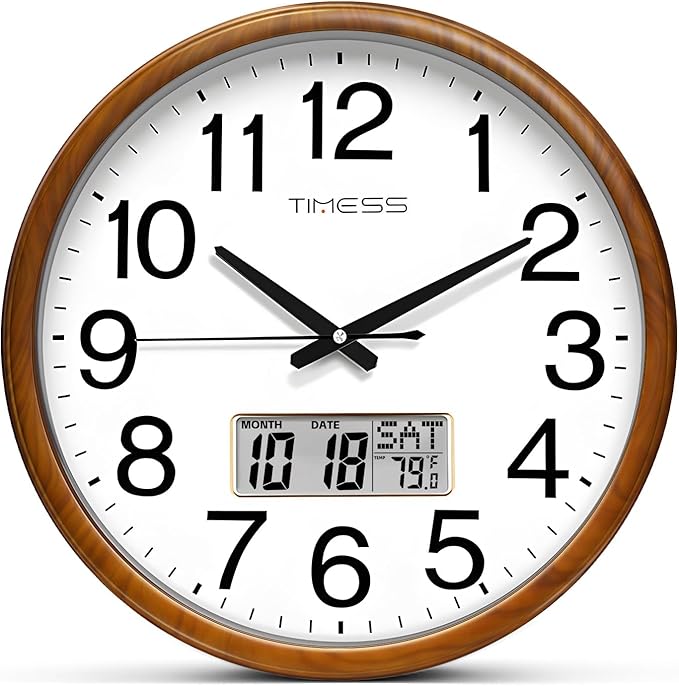 Wall Clock, Classic Wood Style Finish, 11 Inch Non-Ticking Silent Battery Operated Quartz Analog with Perpetual Calendar and F° Temperature Display, Home, Office Décor (Wood Yellow)