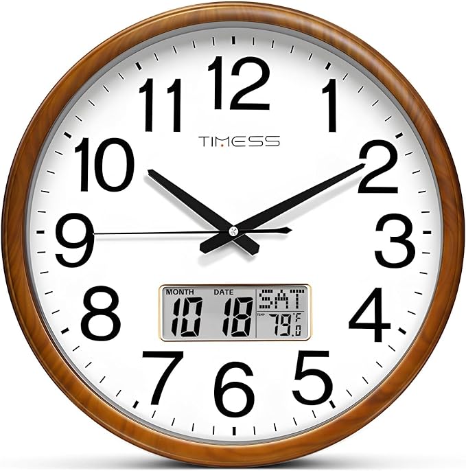 Wall Clock, Classic Wood Style Finish, 16 Inch Non-Ticking Silent Battery Operated Quartz Analog with Perpetual Calendar and F° Temperature Display, Home, Office Décor (Wood Yellow)