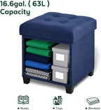 17.7" Ottoman with Storage, Square Storage Ottoman for Dorm, Linen Ottomans with Legs for Living Room, Bedroom, Blue