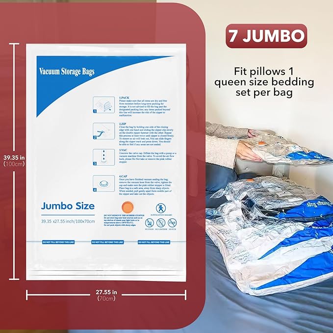 Vacuum Storage Bags 7 Jumbo, Space Saver Sealer Bags,Vacuum seal bags for clothing, Pillows, Comforters, Blankets, Bedding