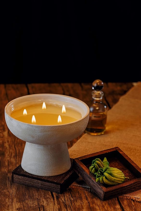 Blueme Nostalgia Candle | Bergamot & Musk | 5 Wick - Refillable Wellness Candle with Essential Oils, Hand Finished & Poured Soy Wax Blend Ceramic Vessel, Natural Cotton Wicks | Large 24 oz