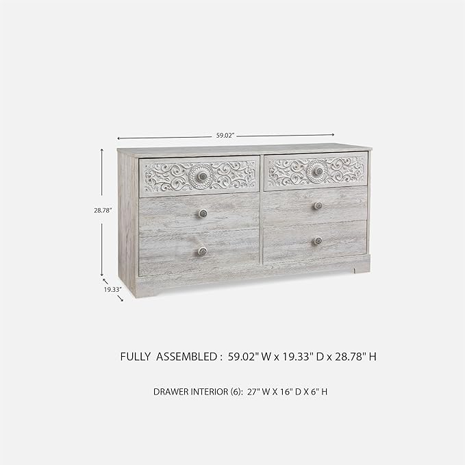 Signature Design by Ashley Paxberry Bohemian 6 Drawer Dresser with Carved Medallion Pattern, White