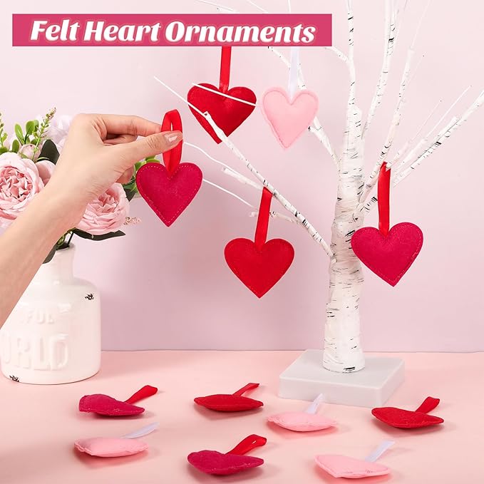 Syhood 12 Pcs Valentine's Day Felt Heart Ornaments Hanging Tree Decor for Wedding, Anniversary, Christmas Party Supplies, Winter Home Decorations(Pink. Red and Rose Red,Solid Color Style)