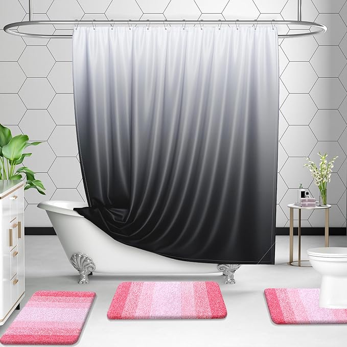 OLANLY Bathroom Rug Set 2 Piece, Soft Absorbent Microfiber Bath Mats and U-Shaped Contour Toilet Rug, Non-Slip, Machine Wash Dry, Plush Shaggy Bath Mats for Bathroom (30"x20"+24"x20", Pink)